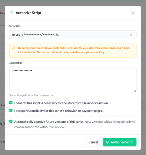 Authorize script modal in the Storefront Hosting Panel