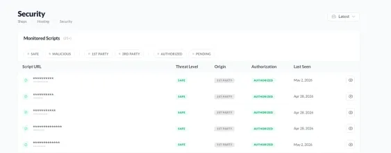 Monitored scripts overview page in the Storefront Hosting Panel