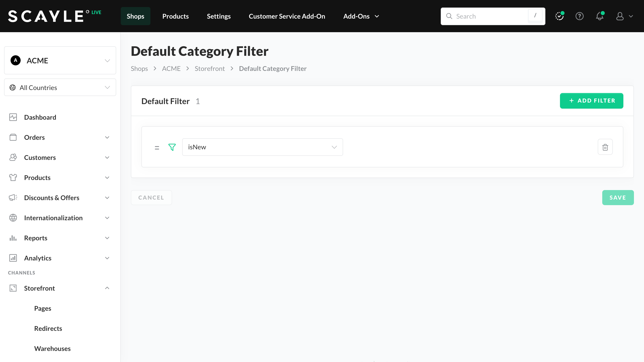 Default Filter settings page with the Add Filter dropdown open.